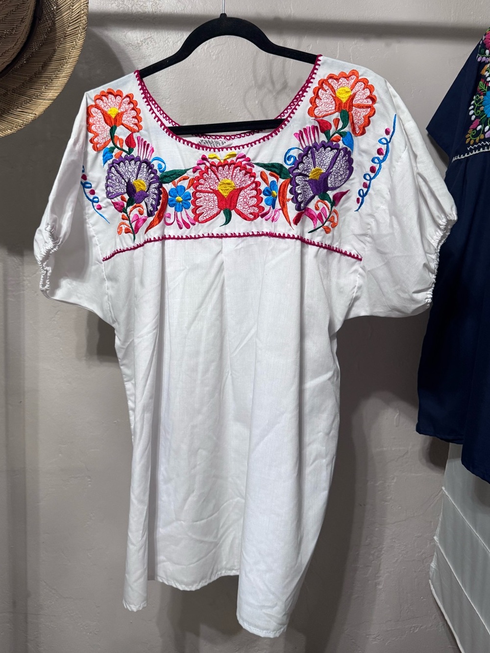 Mexican Import White Embroidered Floral Peasant Top Multicolor Boho Women Blouse